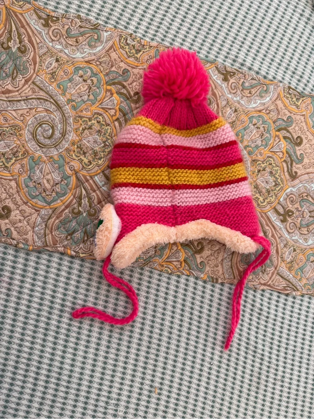 Girls' Crochet Winter Hat Pink Striped Cat Pom Pom Winter Hat Beanie